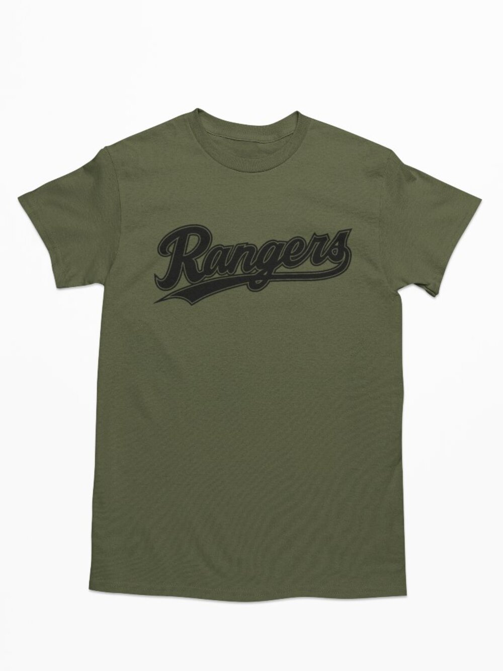 NEW Texas Rangers Script Home Wordmark Logo T-Shirt MILITARY ARMY GREEN